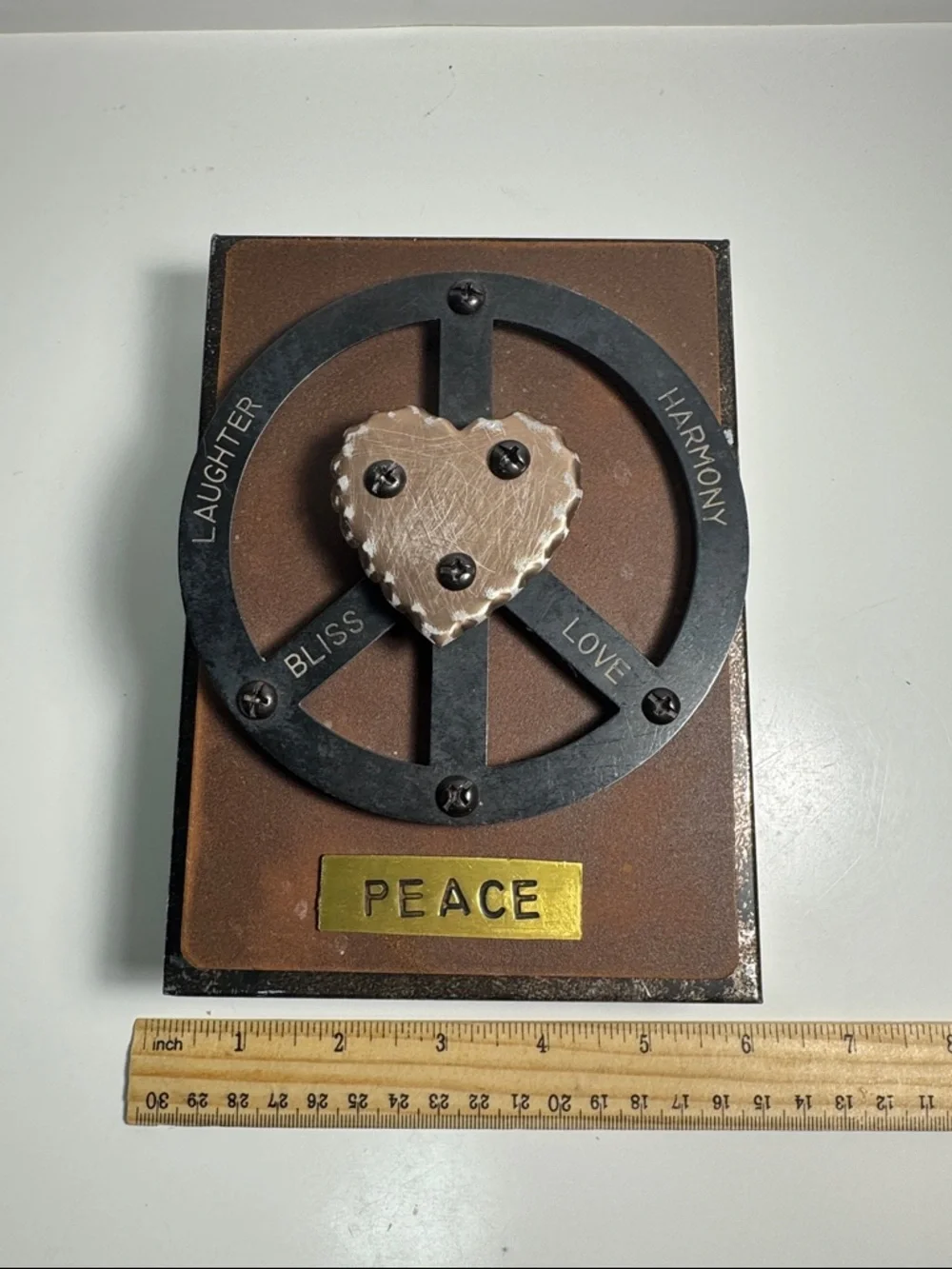 Rustic metal Peace Wall Decor Plaque with Heart Accent harmony bliss laughter